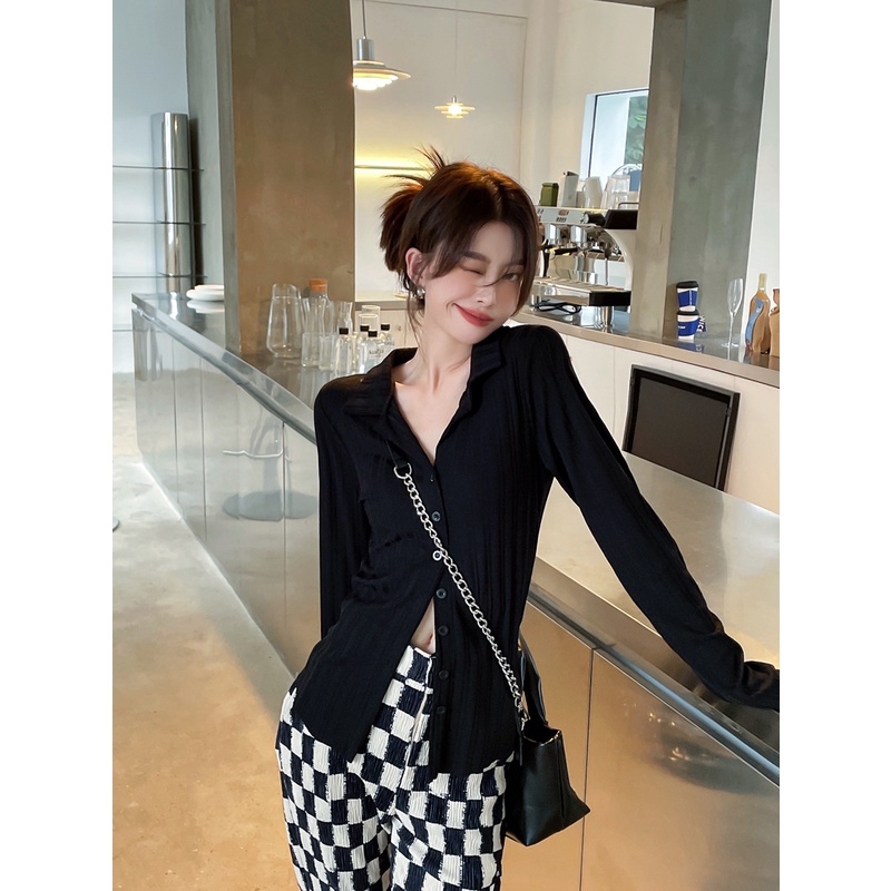 Cocory vn Áo sơ mi tay dài màu trơn dễ phối đồ thời trang sành điệu cho nữ