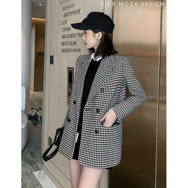 Hàng nhập - Áo khoác dạ nữ caro răng sói trẻ trung, áo blazer cổ vest 6 nút