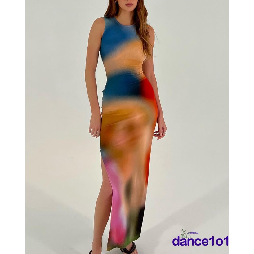 ✤CT✰Women´s Summer Sleeveless O Neck Tie Dye Print Side Split Skinny Dress