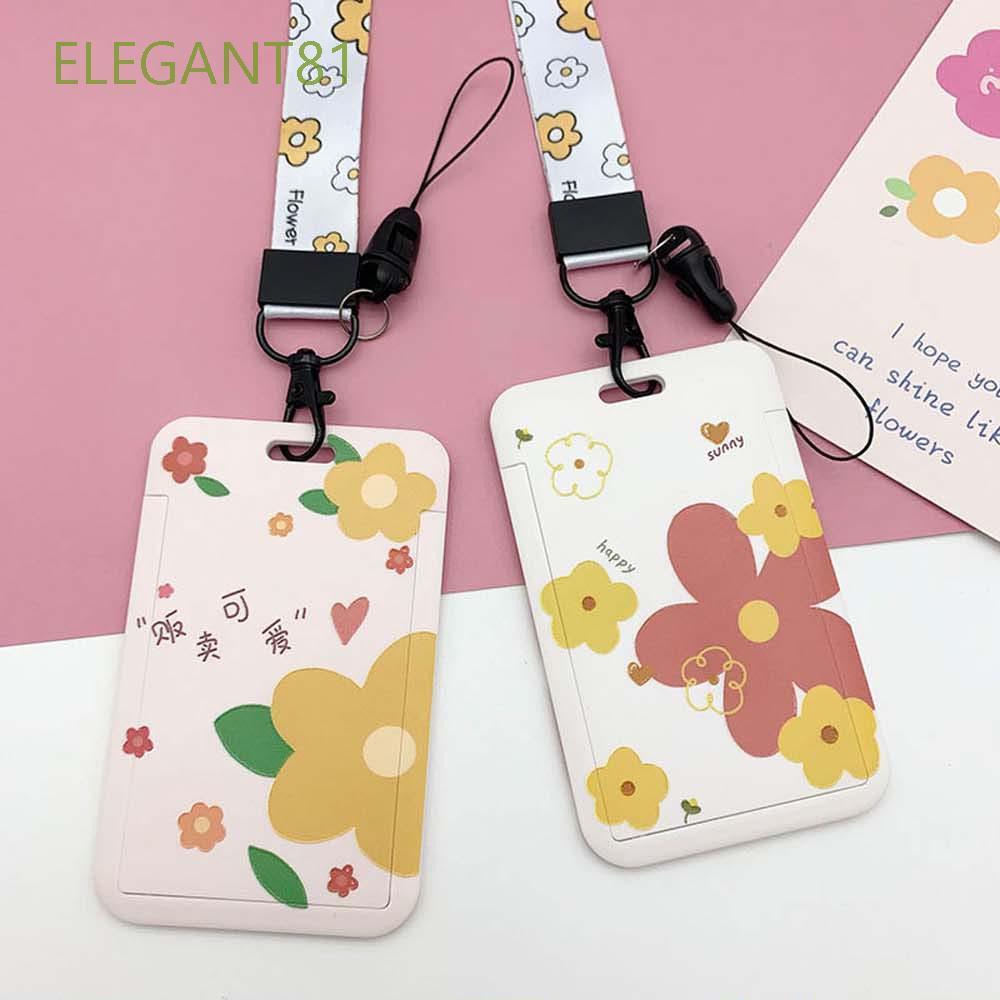 Bao đựng thẻ căn cước/ thẻ tên cho văn phòng/ trường học mềm kiểu trượt họa tiết hoa kèm dây đeo dễ thương