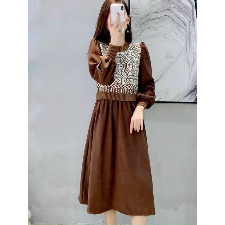 Váy nhung tiểu thư, váy len phối nhung họa tiết cực đẹp mặc là xinh chất len bao ấm hàng thu đông cao cấp | BigBuy360 - bigbuy360.vn