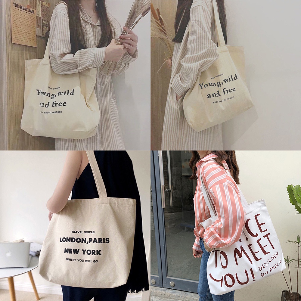 Túi tote đi học vải bố canvas thời trang giá rẻ in hình có khóa kéo