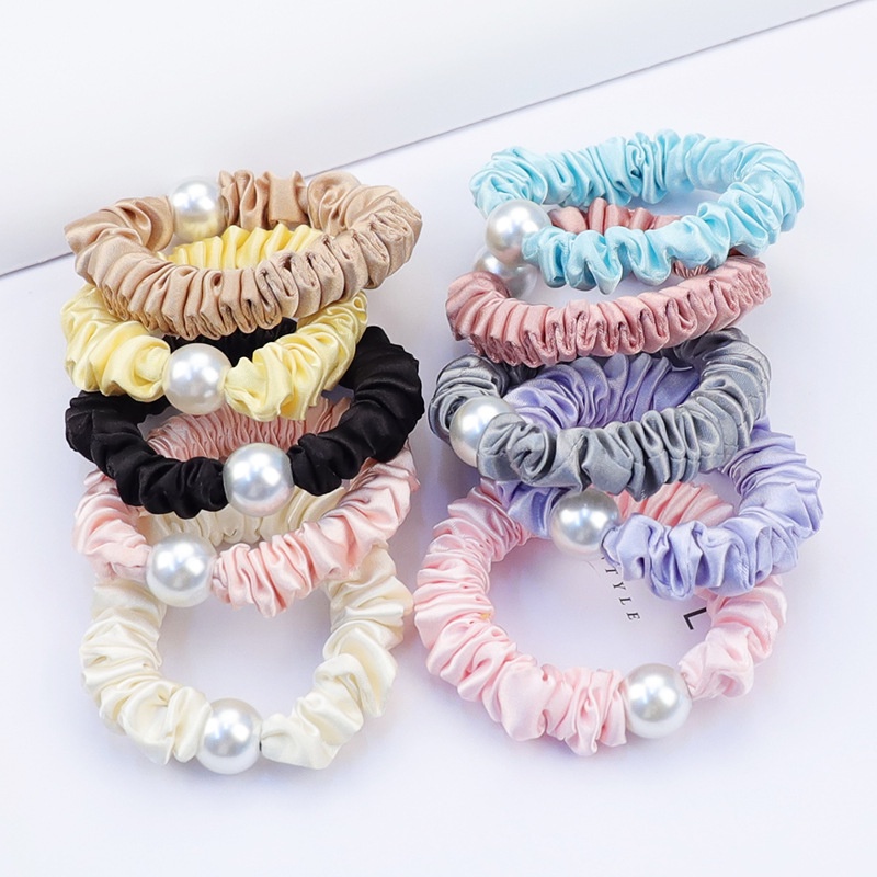 Dây cột tóc scrunchies vải phi bóng đính châu trắng nhiều màu pastel S28