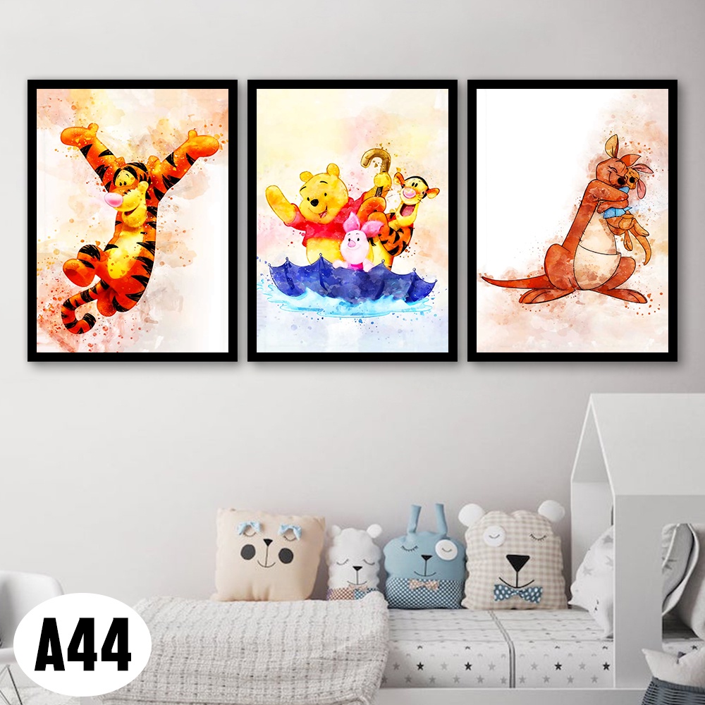 Bộ 3 Tranh Treo Tường Có Khung (30cm x 40cm x 3bức, dày 2cm) Nhân Vật Hoạt Hình (Mã A44). Tranh Trang Trí Phòng