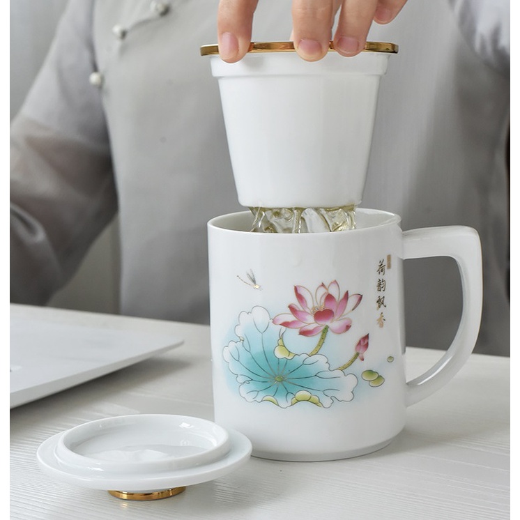 Ly cốc sứ pha trà có lõi lọc và nắp đậy dung tích 430 ml tới 450 ml (Kèm Hộp Quà Tặng Cao Cấp)