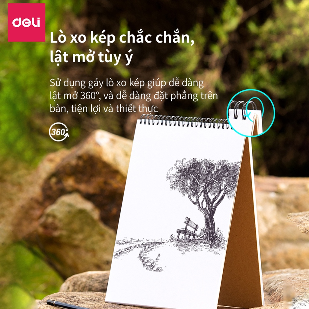 Sổ vẽ phác thảo 110gsm/160gsm Deli khổ A4/8K- Giấy dày phù hợp vẽ tranh bút chì, gáy lò xo sketchnote sketchpaper 73357