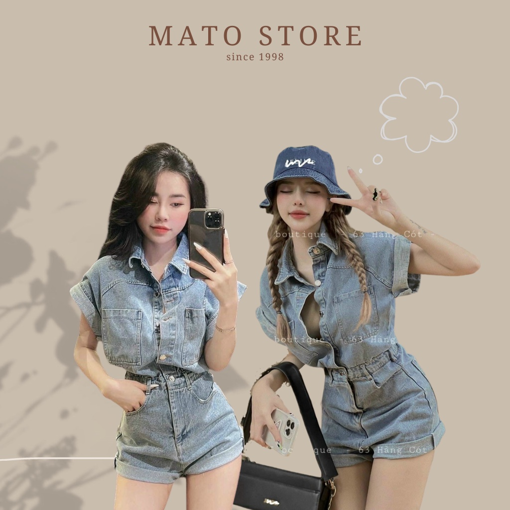 Jumpsuits Áo Sơ Mi Cộc Tay Cổ Bẻ Quần Đùi Chất Bò Cao Cấp, Set Jean Áo Cộc Liền Quần Phong Cách Trẻ Trung Năng Động