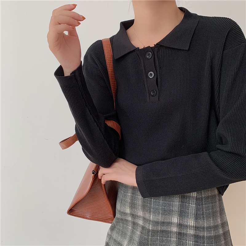 SUXI Áo Polo Dệt Kim Tay Dài Dáng Ôm Phong Cách Hàn Quốc Thời Trang Cho Nữ