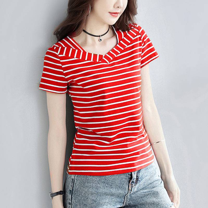 Áo Thun Tay Ngắn Cổ Chữ V Họa Tiết Kẻ Sọc Dễ Phối Đồ Thời Trang Cho Phụ Nữ Trung Niên