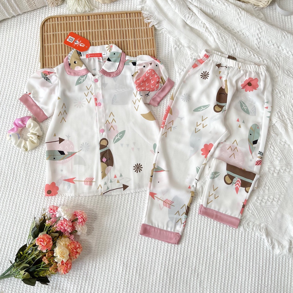 Bộ Pijama Lụa Cho Bé, Bộ Ngủ Lụa Cộc Dài Cổ Bèo Dễ Thương Cho Bé Gái - Boody - BPN62