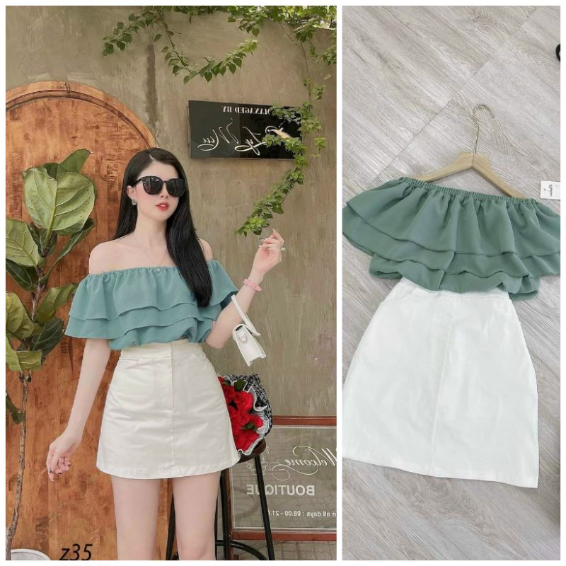 Sét Áo Trễ Vai Kèm Chân Váy ( VÁY COTON LẠNH CÓ LÓT ÁO ĐŨI Chất liệu : ĐŨI TRƠN, COTON 46 - 52kg tùy chiều cao