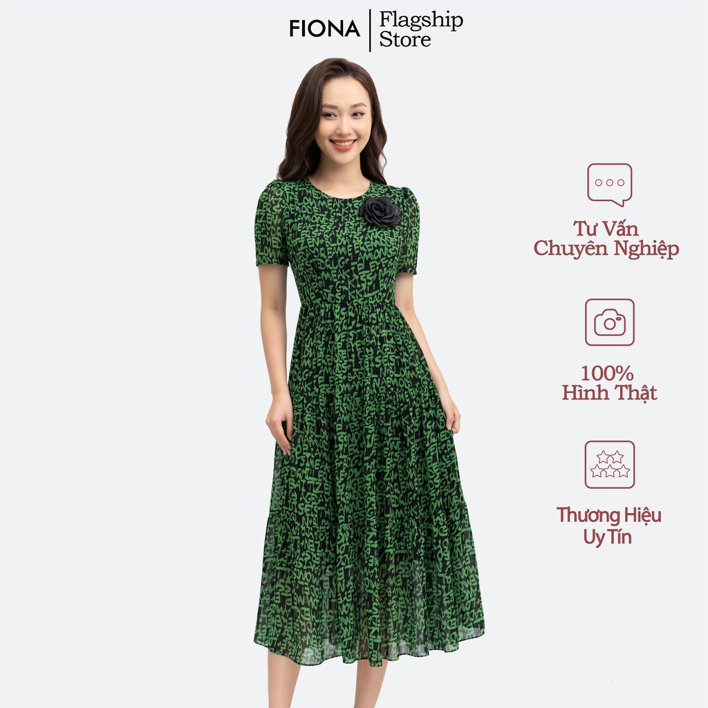 Đầm maxi dáng dài, váy công sở nữ thiết kế họa tiết chữ xanh, đính hoa trang trí FIONA F452285