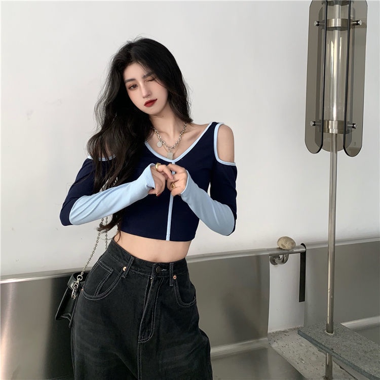 Áo thun COZOK tay dài trễ vai ôm dáng nhiều kiểu dáng phong cách retro