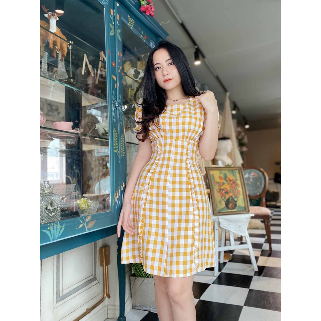 Đầm công sở nữ caro cam thiết kế trẻ trung dáng xòe tay ngắn mềm mát thoải mái