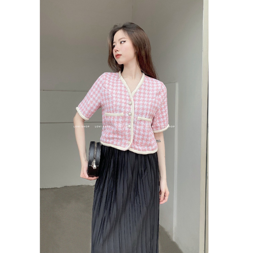 LOVI SHOP- Áo dạ tweed tay ngắn cúc ngọc cực sang chảnh phong cách Hàn Quốc siêu xinh
