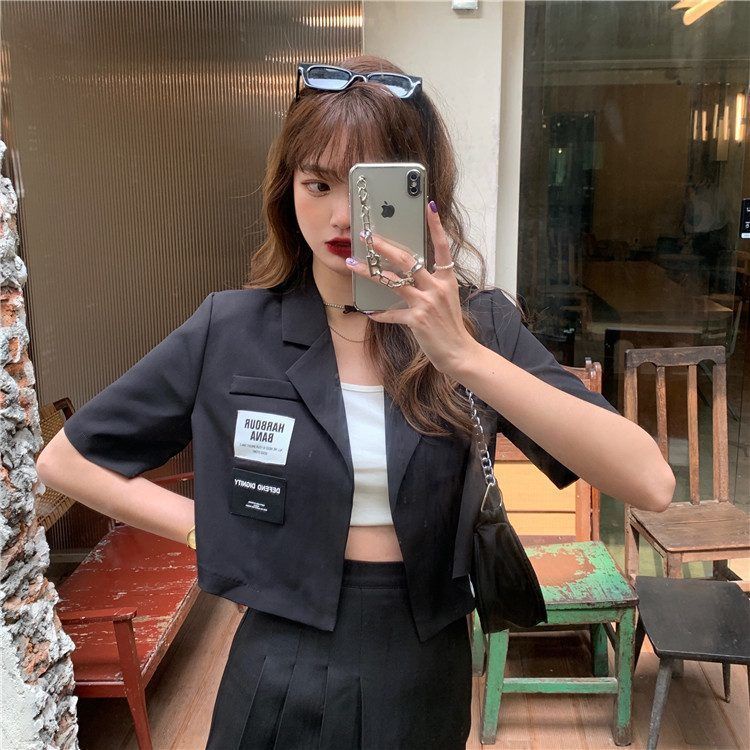 Áo Khoác blazer Tay Ngắn Dáng Rộng Màu Đen Phong Cách Hàn Quốc Thời Trang Mùa Hè Cho Nữ | BigBuy360 - bigbuy360.vn