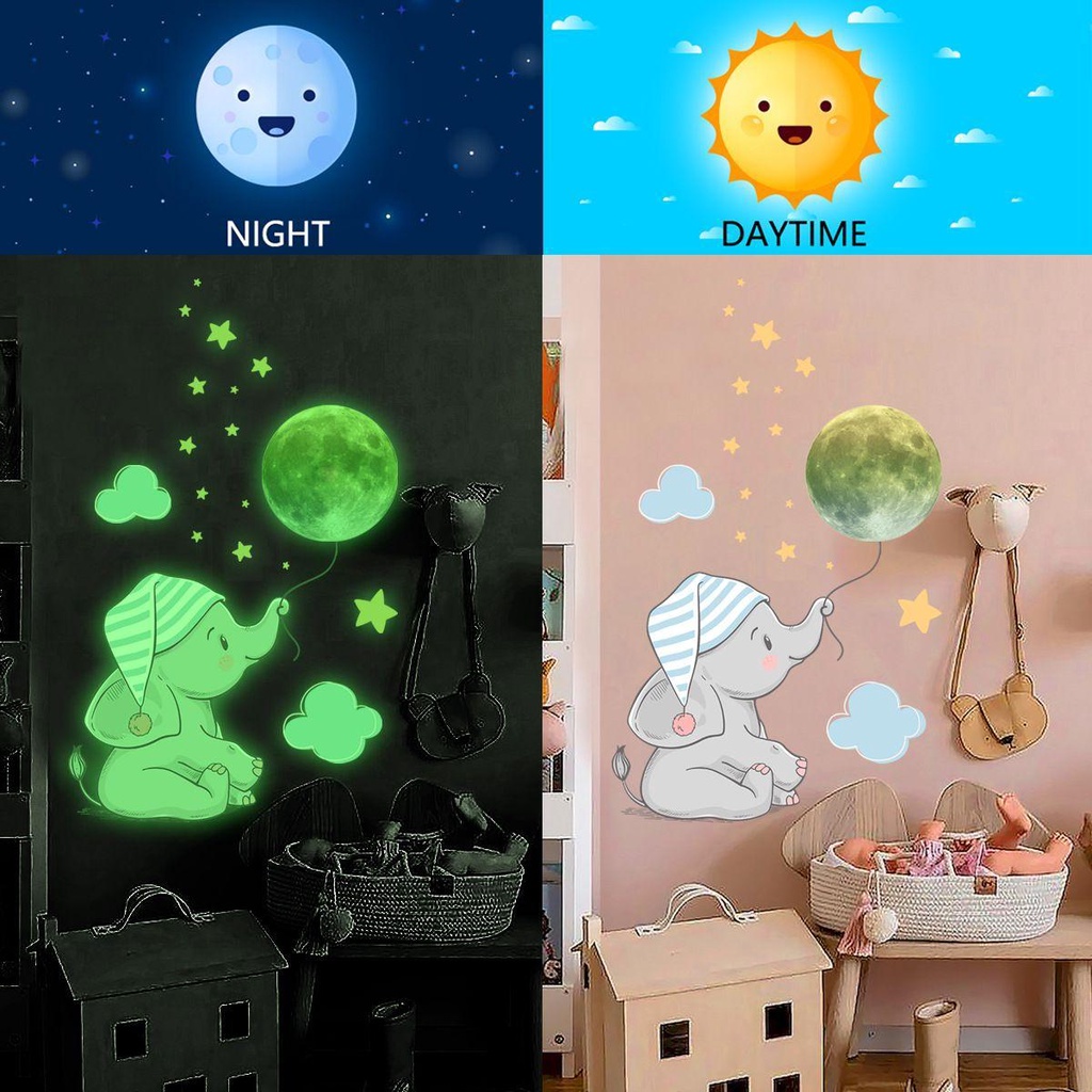 1 Miếng Dán Tường Dạ Quang Hình Voi Hoạt Hình Trang Trí Phòng Ngủ Cho Bé