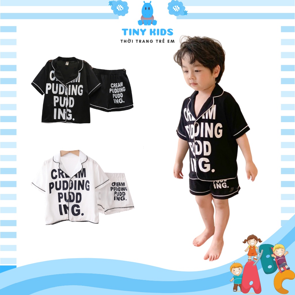 Đồ ngủ cho bé in hình chữ TINY KIDS, Bộ pijama lụa cho bé gái bé trai từ 6-28kg