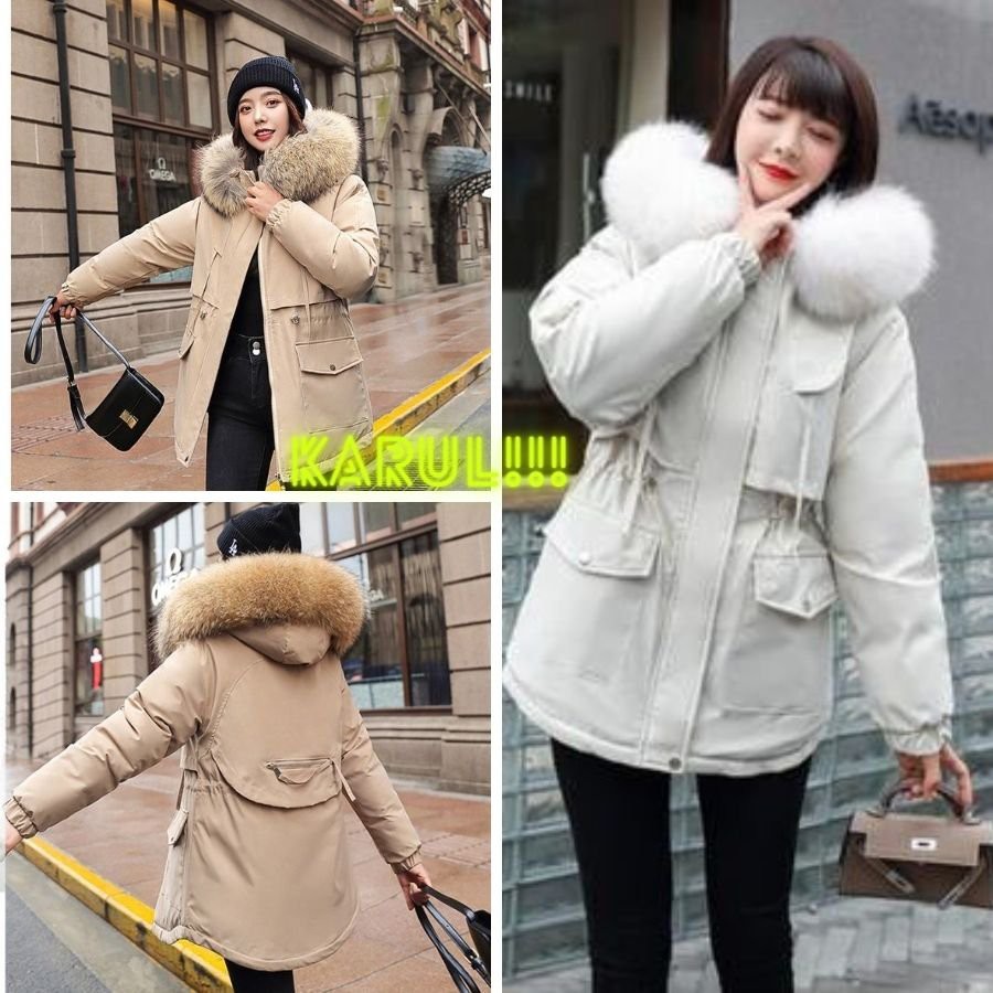 {Karul}Áo khoác nữ Parka mũ lông lót nỉ mềm phong cách hàn quốc mẫu mới có dây chiết eo.