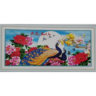 [ Ảnh thật] Tranh thêu chữ thập chim công hoa mẫu đơn 3D 88840 85*40cm