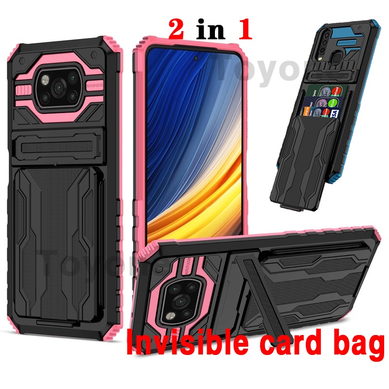 Ốp điện thoại dạng vỏ giáp bảo vệ có ngăn đựng thẻ tiện lợi cho Redmi Note 9 9S Pro Max