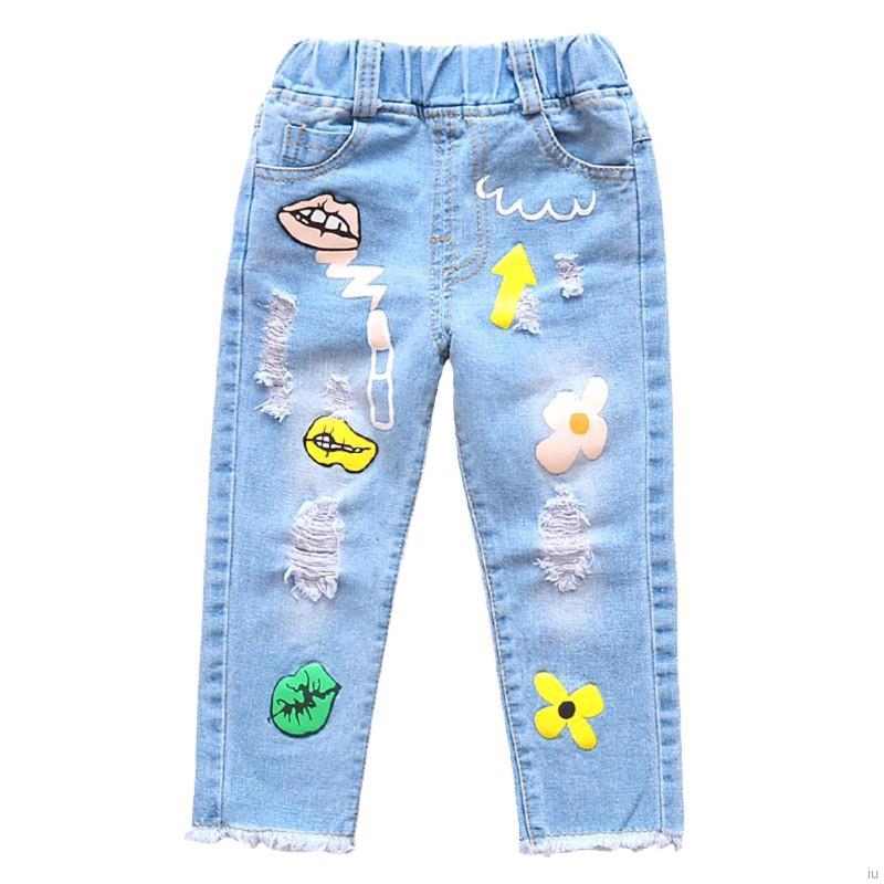 Quần jeans rách in hoạt hình cho bé gái