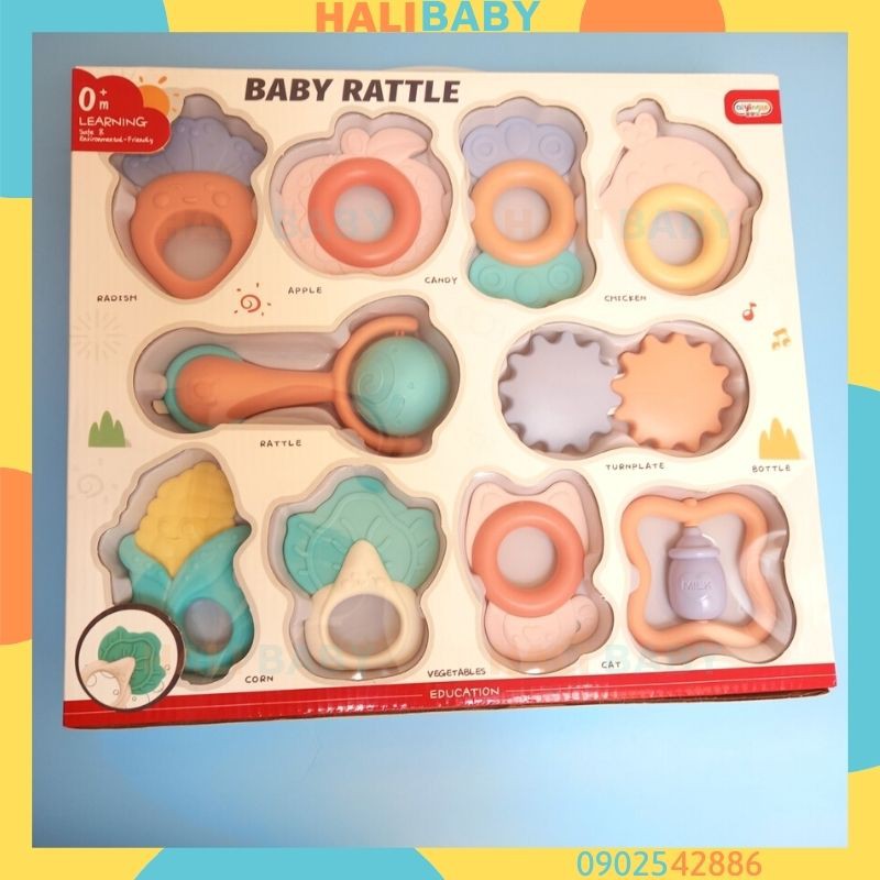 Đồ chơi gặm nướu cho bé nhựa ABS an toàn lục lạc hộp 10 món dễ thương HALIBABY XX07