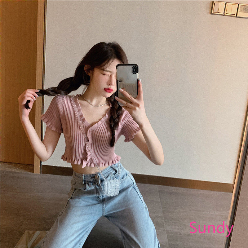 Áo cardigan tay ngắn màu hồng nữ tính xinh xắn