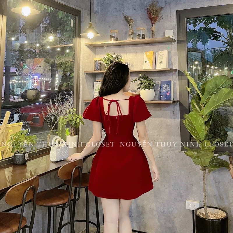 Đầm thời trang nữ mặc đi chơi chất nhung cao cấp có mút nơ hoa ngực váy xoè ngắn