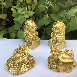 Combo cặp sư tử và  long quy và cóc ngậm tiền phong thủy màu vàng sơn đồng