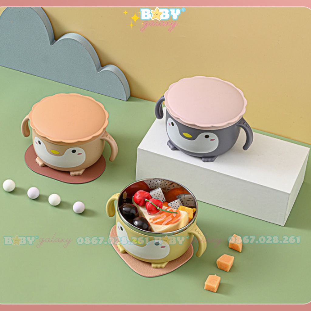 Chén Bát Ăn Dặm Inox Giữ Nhiệt Hình Chim Cánh Cụt Cho Bé, Có Nắp, An Toàn - Baby Galaxy Official