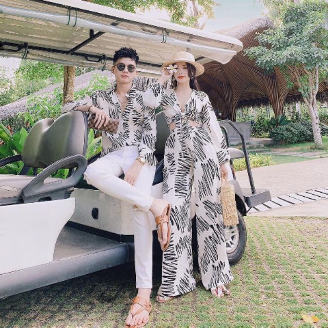 Set áo sơ mi nam + set áo cột quần ống rộng cho nữ