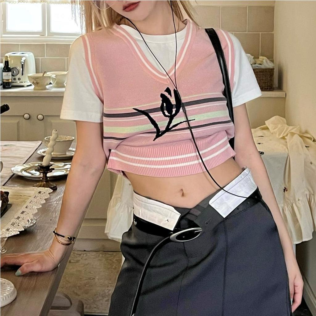 QKOOLE Áo Thun Ngắn Tay Giả Hai Lớp Phong Cách Preppy Cho Nữ