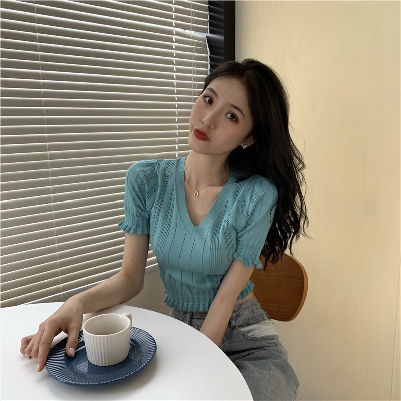 AimeiBeauty Cutout V-neck short-sleeved knitted slim croptop T-shirt | BigBuy360 - bigbuy360.vn