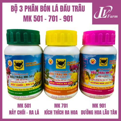 Bộ 3 Phân Bón Lá ĐẦU TRÂU MK 501-701-901 NPK - 100g - Nảy Chồi, Ra lá, Kích Thích Ra Hoa, Dưỡng Hoa Lâu Tàn