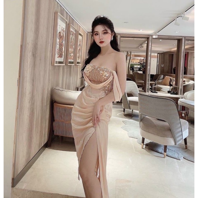 MS1228y ĐẦM PHI LỤA RỚT VAI ĐÍNH KS FULL SIZE S/M/L/XL