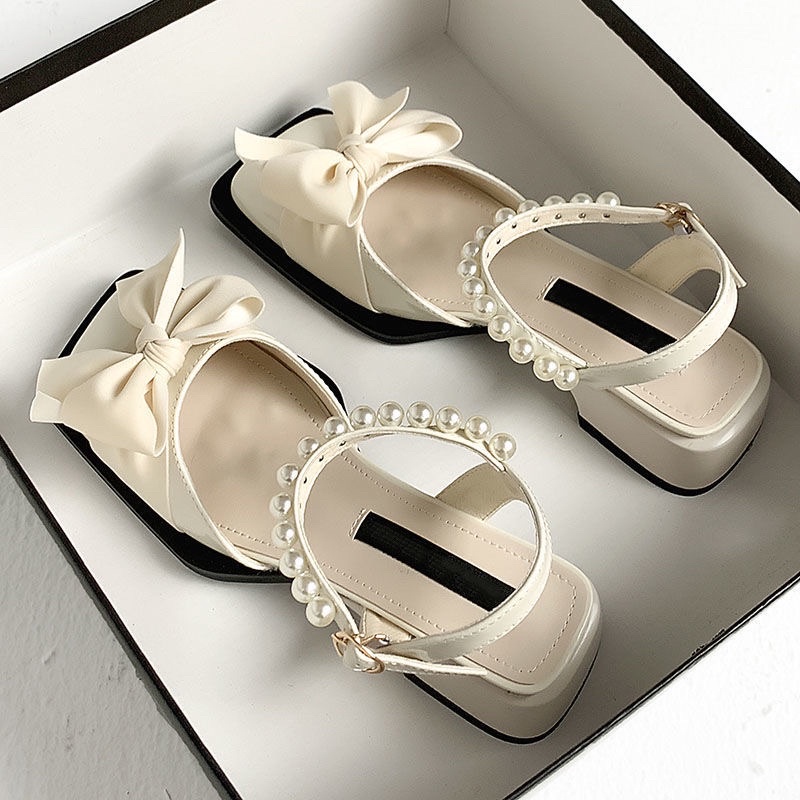 Giày mary jane nơ xinh KERRY mũi vuông cao 3cm quai ngọc phong cách vintage