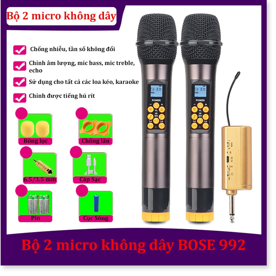 [Xả Kho] Combo Trọn Bộ 2 Micro Không Dây UHF Bộ Micro Bose BS-992 chuyên chống hú rít trong phòng Karaoke, Mic đa năng c