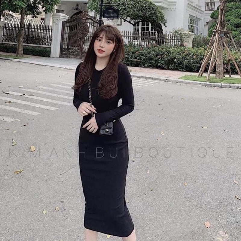 Váy body len tăm dài tay cổ tròn freesize dưới 55kg duyendell