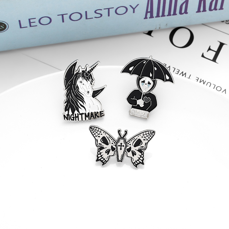Nightmare Enamel Pin Custom Horse Umbrella Skeleton Butterfly Brooch Bag Clothes Lapel Pin Gothic Badge Jewelry Gift for Friends