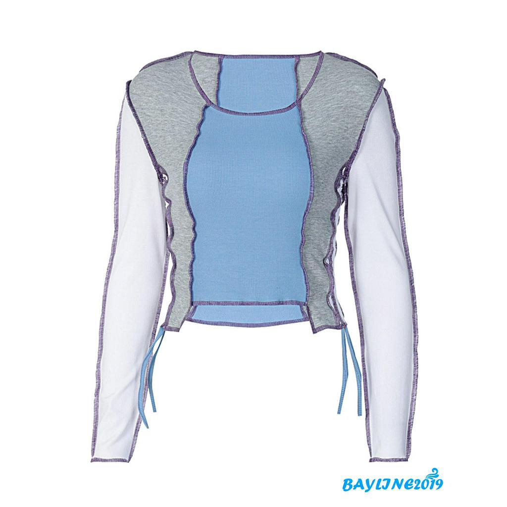 Áo Croptop Tay Dài Phối Màu Thời Trang Cho Nữ