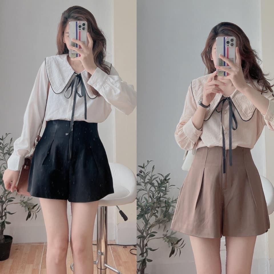 Ảnh thật/video - Áo sơ mi cổ viền chỉ phối nơ cổ