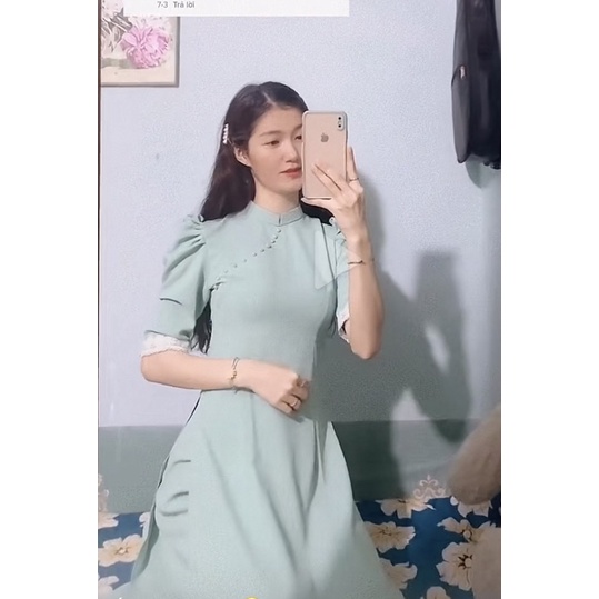 Pass Áo dài xanh mint tay lỡ Trương Tuyền, tay phối ren xếp ly cách điệu
