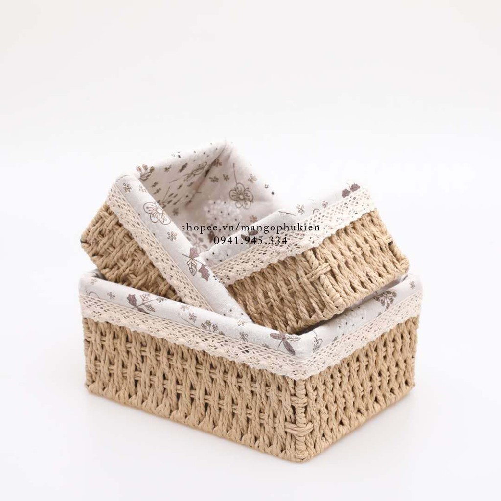 Rổ mây vintage hoa nhí đi picnic để bàn decor góc làm việc