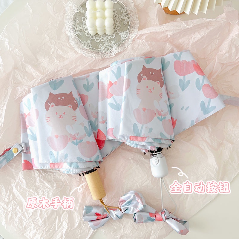 Dù Che Nắng Mini Tự Động Chống Tia UV In Họa Tiết Mèo Dễ Thương