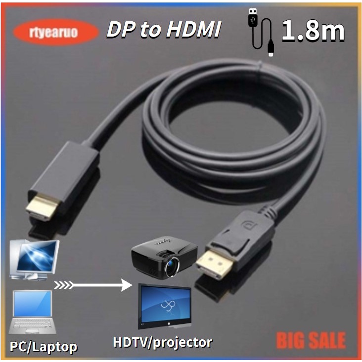 Dây cáp chuyển đổi 4k Cáp chuyển đổi cổng DisplayPort DP sang HDMI 1.8m cho Hdtv / máy chiếu / laptop / pc