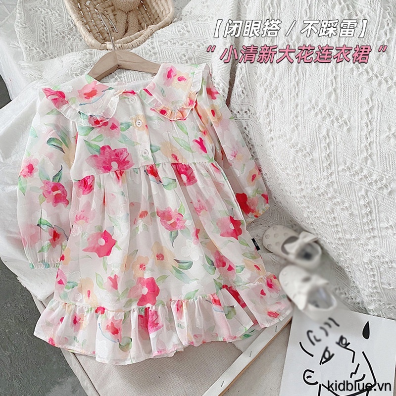 Đầm Voan Tay Dài Kiểu Hàn Quốc Dễ Thương Cho Bé Gái