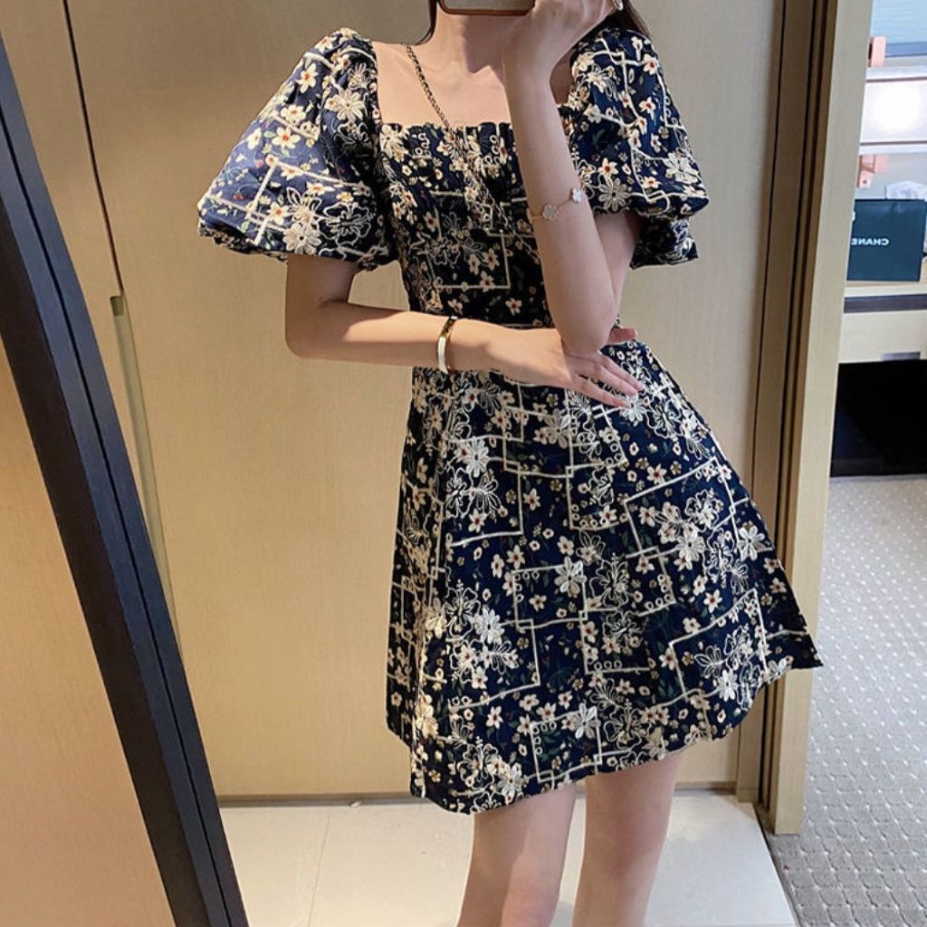 Đầm hoa nhí , váy chữ a ngắn , cổ vuông , tay bồng tiểu thư phong cách Hàn Quốc | BigBuy360 - bigbuy360.vn