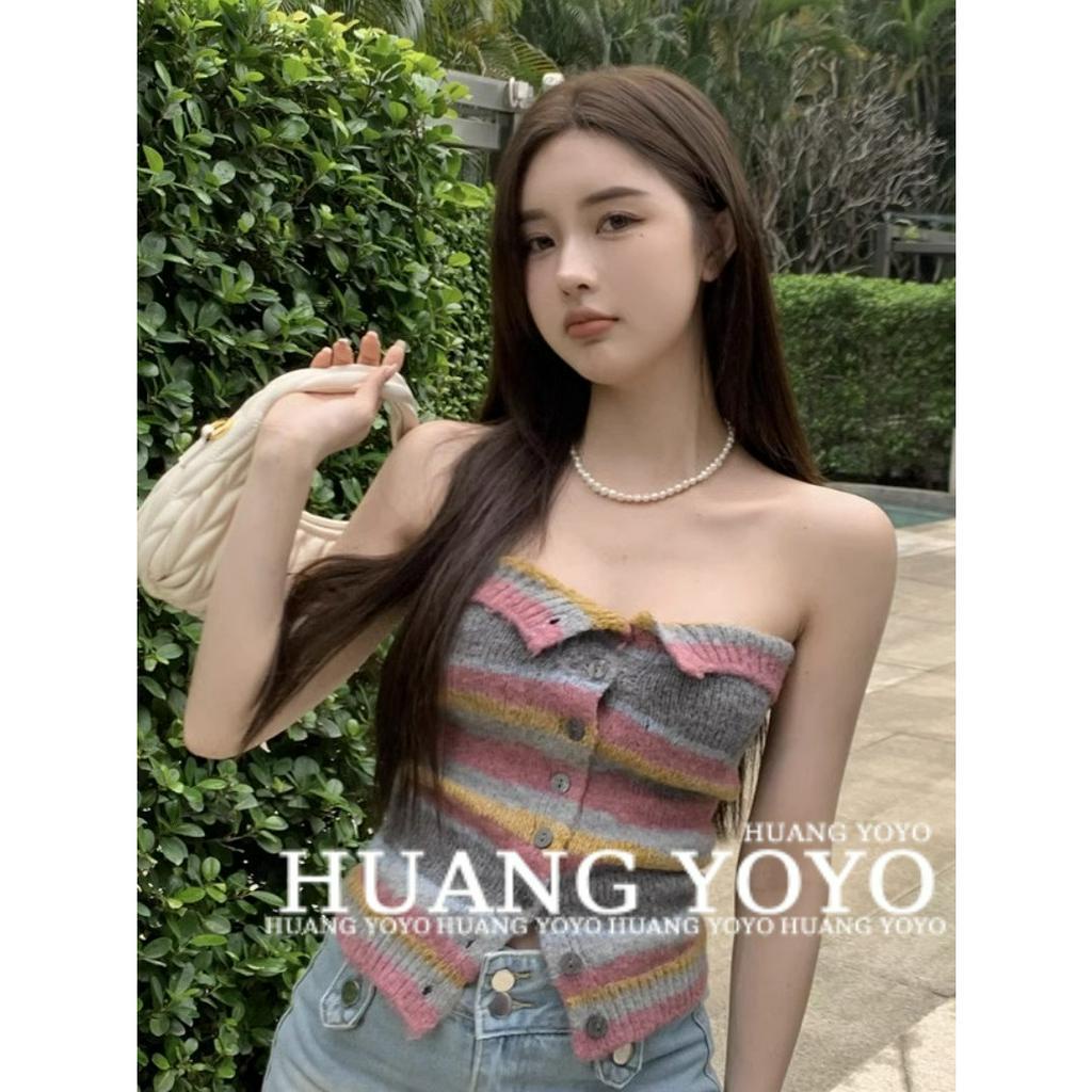 Áo Croptop Dệt Kim Trễ Vai Hoạ Tiết Kẻ Sọc Thiết Kế Đơn Giản Cho Phái Nữ