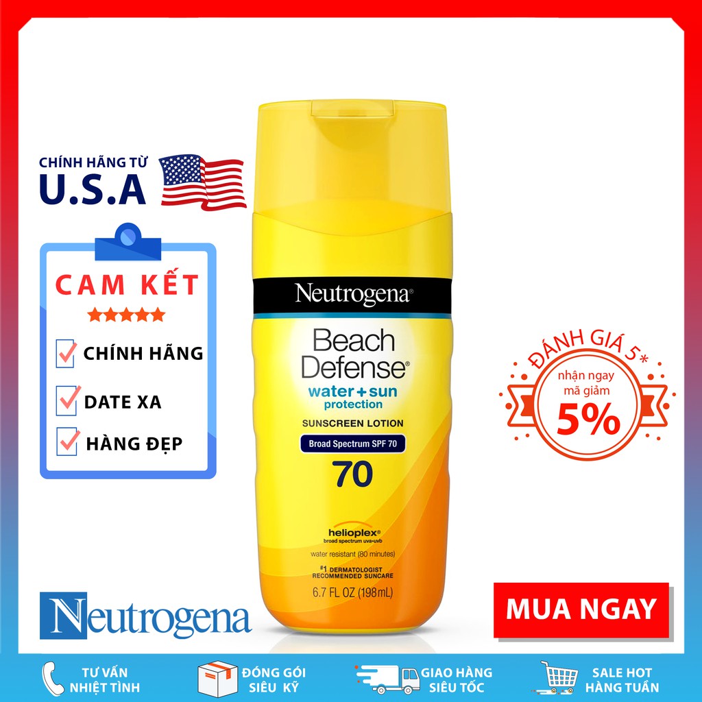 Kem Chống Nắng Neutrogena Beach Defense® Water + Sun Protection Sunscreen Lotion Broad Spectrum SPF 70 (198mL)